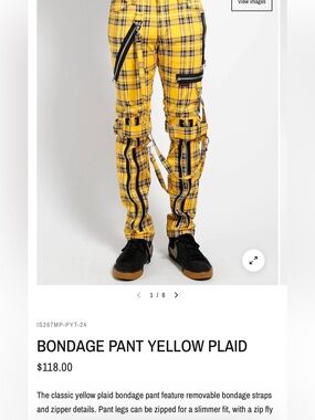 New! Tripp NYC Yellow Plaid Straight Jeans with Bondage Straps size 32 unisex